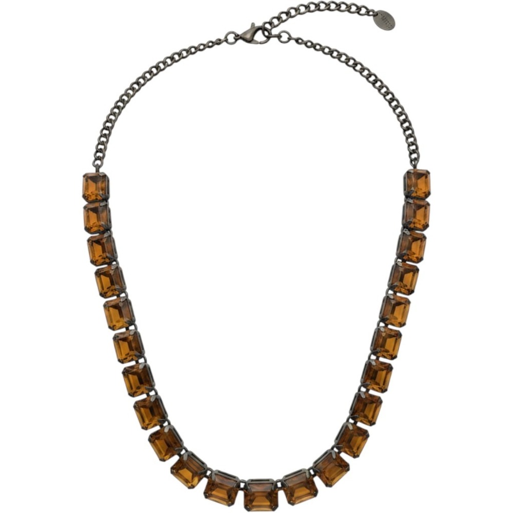 Fossil Vintage Brass Amber Crystal Emerald Cut Statement Necklace Key Heart Char